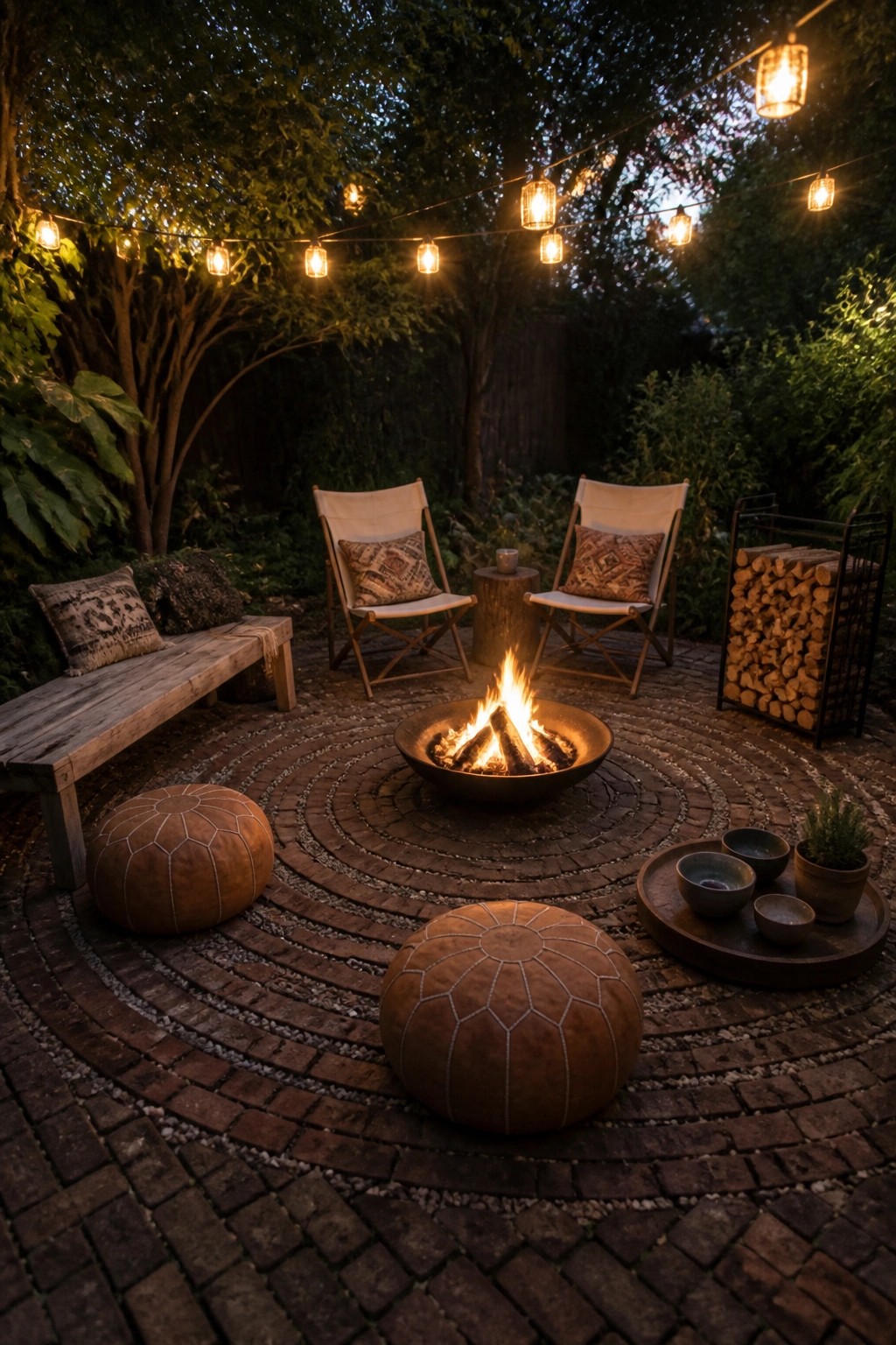 An outdoor brick patio with a central fire pit, two canvas chairs, two brown leather poufs, a wooden bench, string lights overhead, and a stack of firewood on the right.