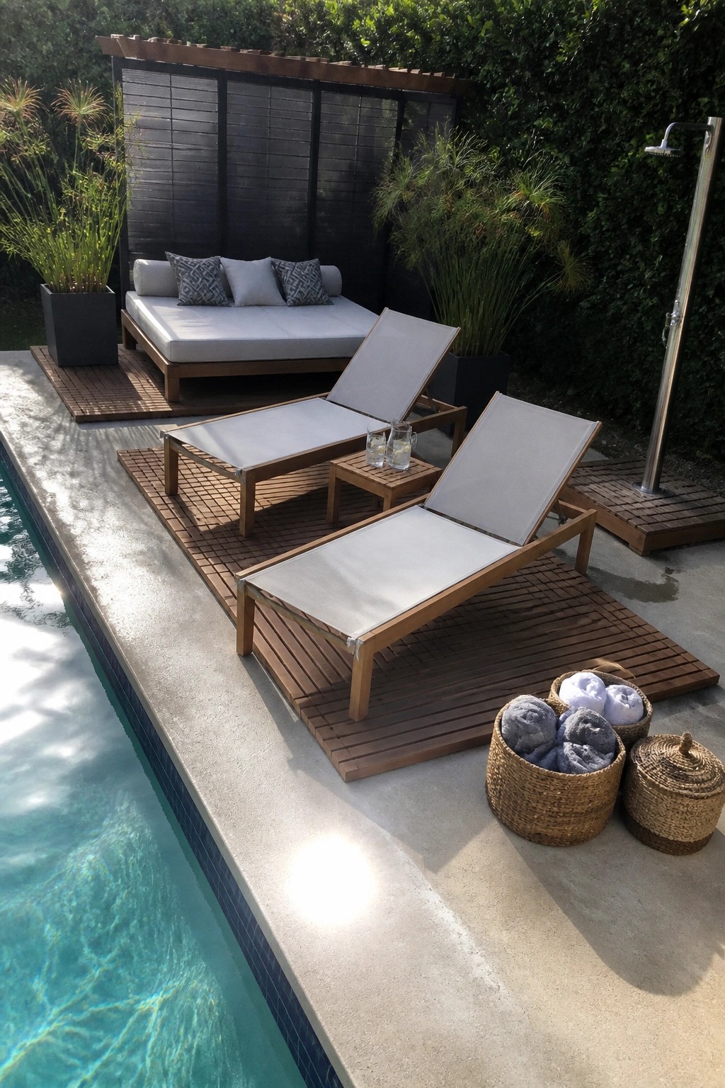Poolside patio with wooden deck platforms holding two lounge chairs, a daybed under a slatted screen, and an outdoor shower on the right.