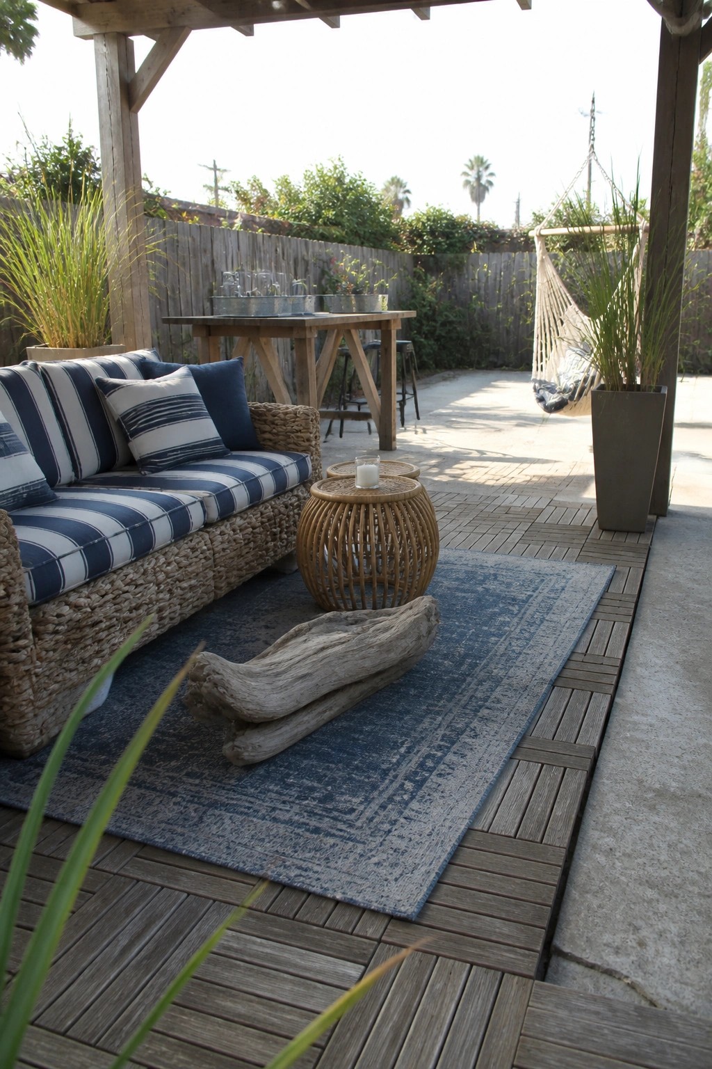 Outdoor patio with striped sofa on blue rug, wicker table, and hammock