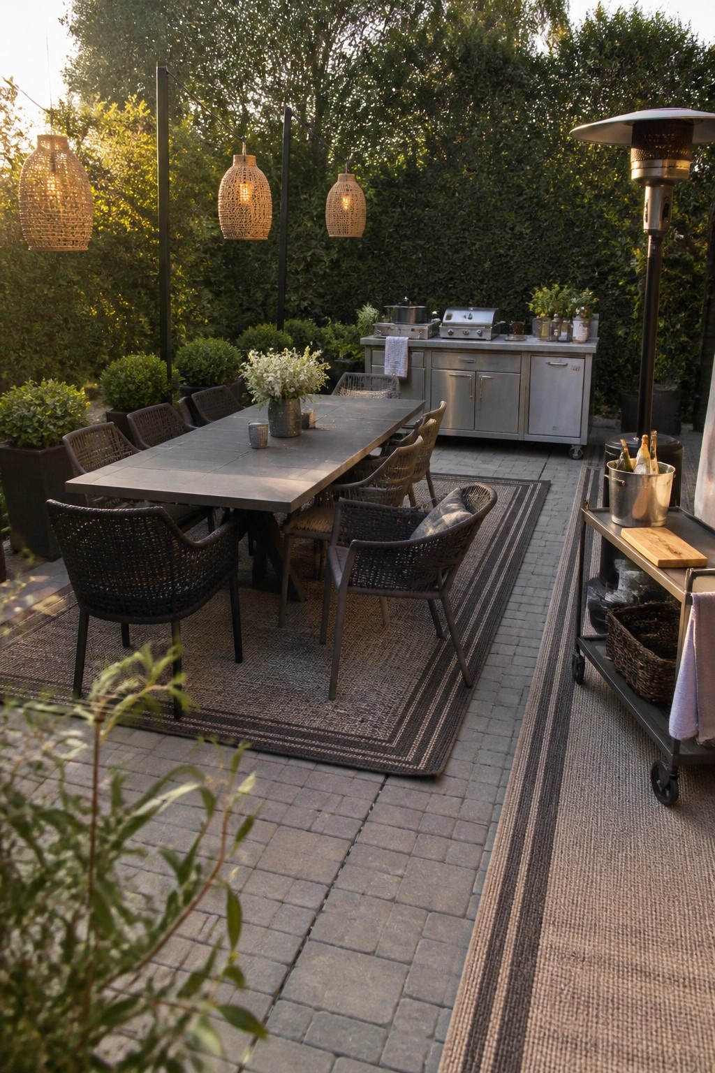 An outdoor patio with a large striped rug under a rectangular dining table and woven chairs, next to an outdoor kitchen and hanging woven pendant lights.