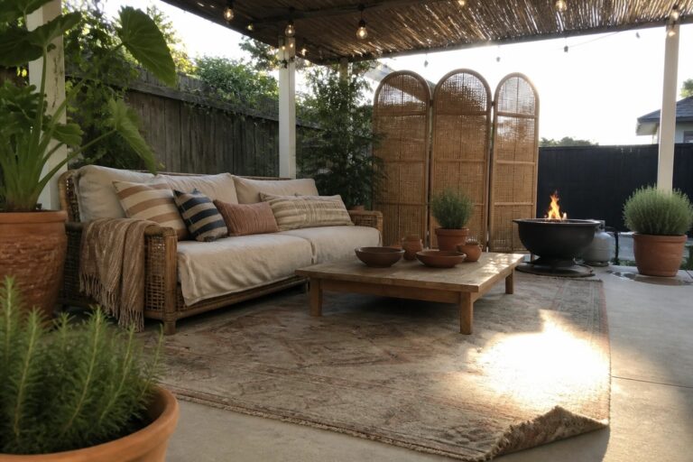 18 Easy Patio Makeover Ideas Without Replacing the Existing Surface A covered patio with a wicker sofa, wooden coffee table, fire pit, and large patterned rug on concrete, surrounded by potted plants and a pergola.