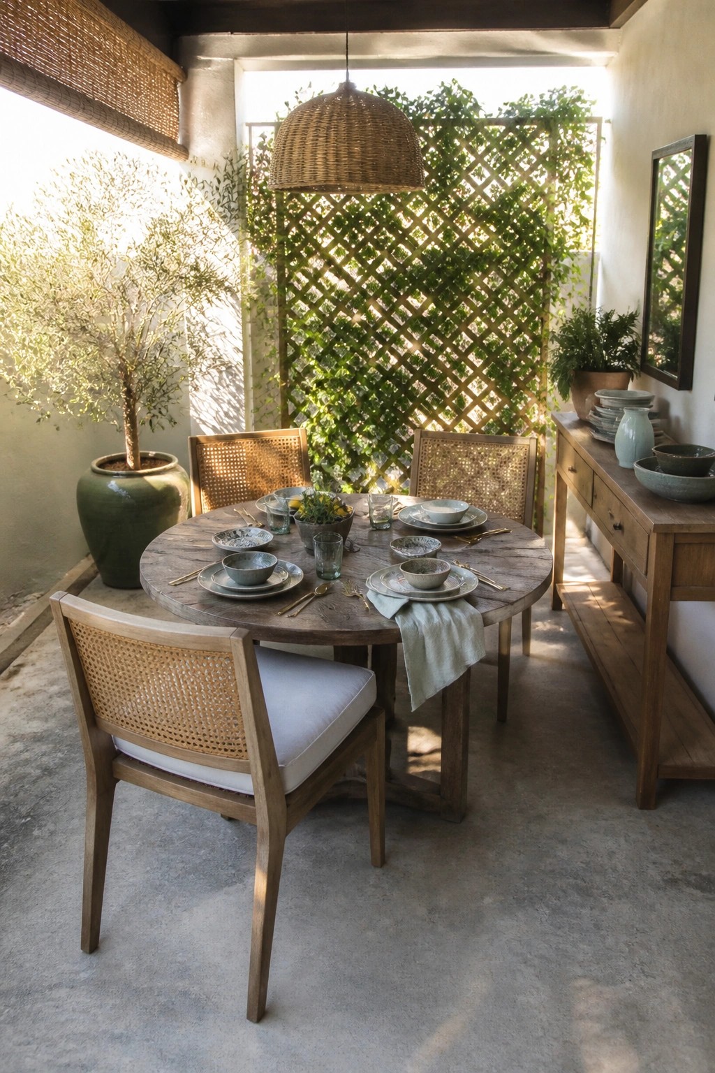 Round wooden table set with dishes on sunny patio amid woven chairs and vines