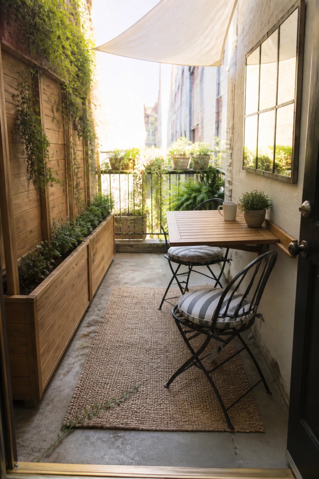A narrow outdoor patio with a wooden table, two black metal chairs with striped cushions, and a woven rug placed over concrete, next to wooden planters and a white shade sail overhead.