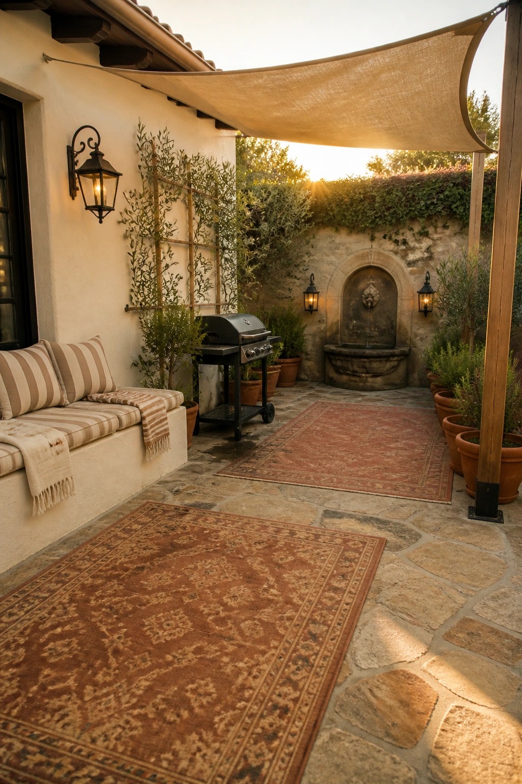 Rustic patio with red rugs, stone fountain, grill, potted plants, and striped bench.