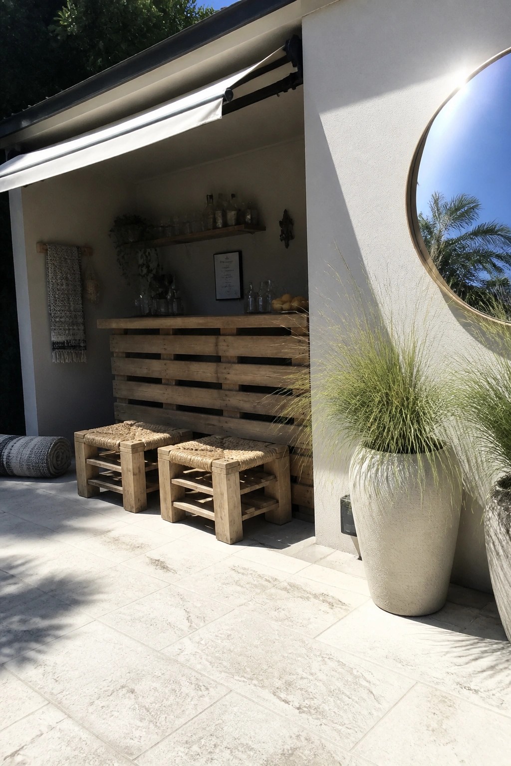 An outdoor patio with a wooden pallet bar, three low pallet stools, a rolled awning above, and large potted grasses next to a building wall.
