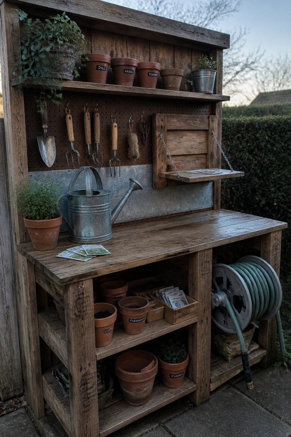 A rustic wooden potting bench with upper shelves holding terracotta pots and hanging tools on a pegboard, a metal watering can on the work surface, and lower shelves with more pots and a hose reel on the right.