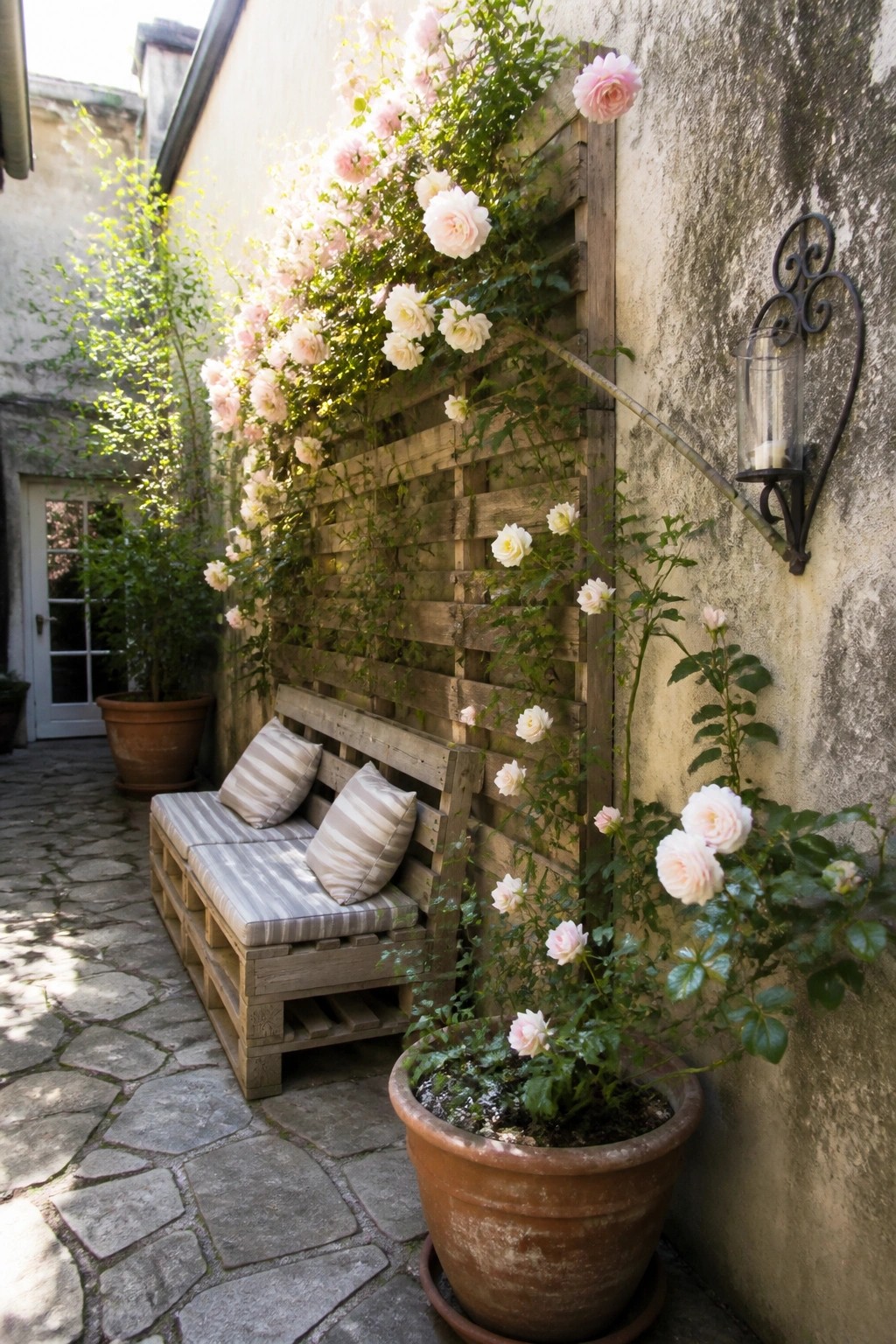 A wooden pallet bench with striped cushions sits on a stone patio next to a large terracotta pot and a trellis covered in pale pink roses.