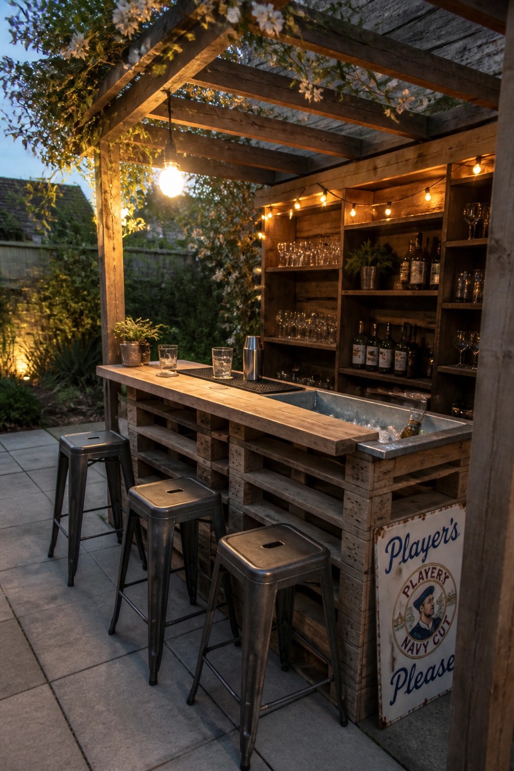 A wooden pallet bar with a metal ice bin, glassware on shelves, and three metal stools on a paved patio under a pergola.