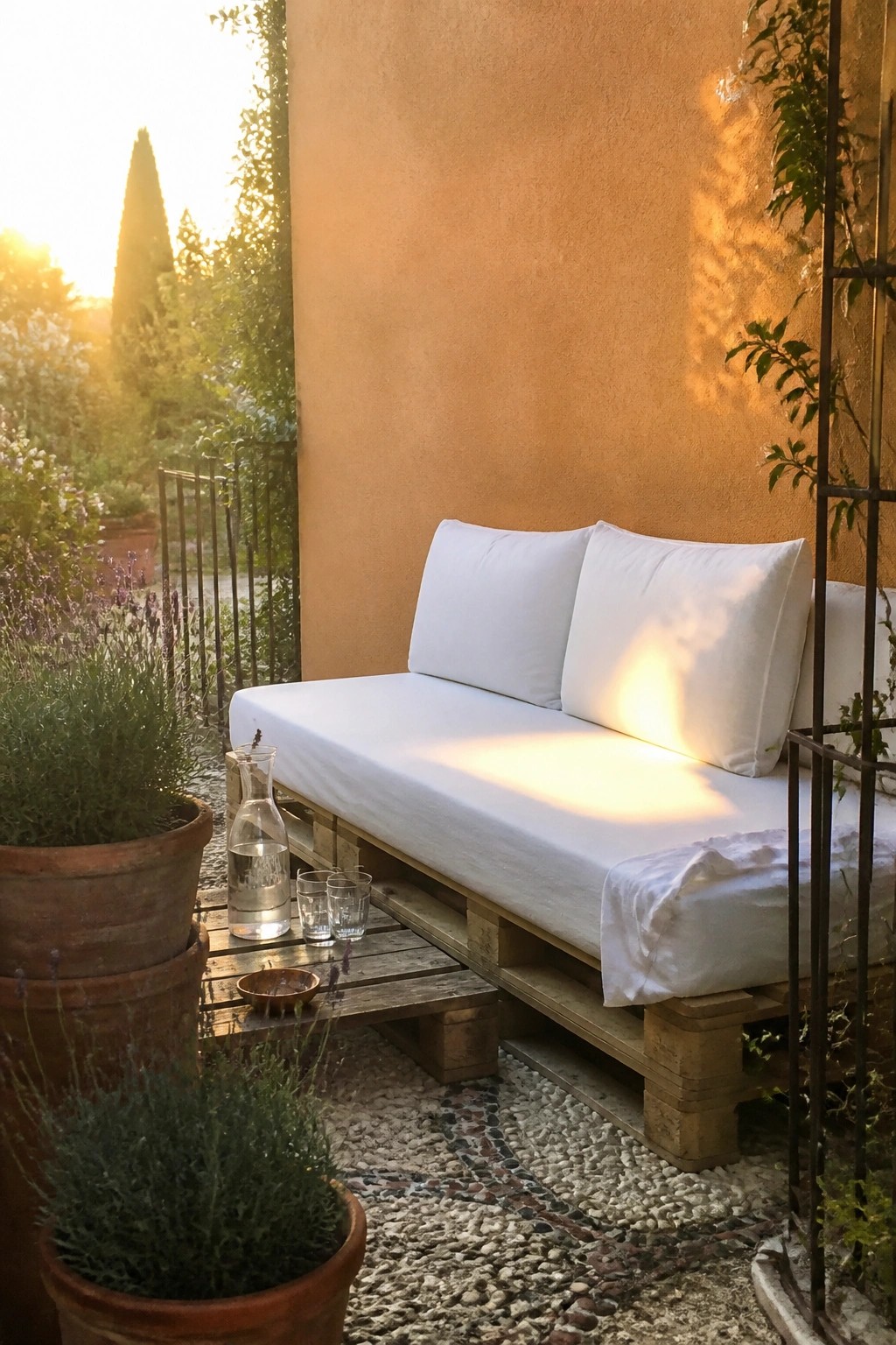 A wooden pallet sofa with white cushions sits on a pebble patio against an orange wall, with potted plants and a small pallet side table holding a glass carafe.