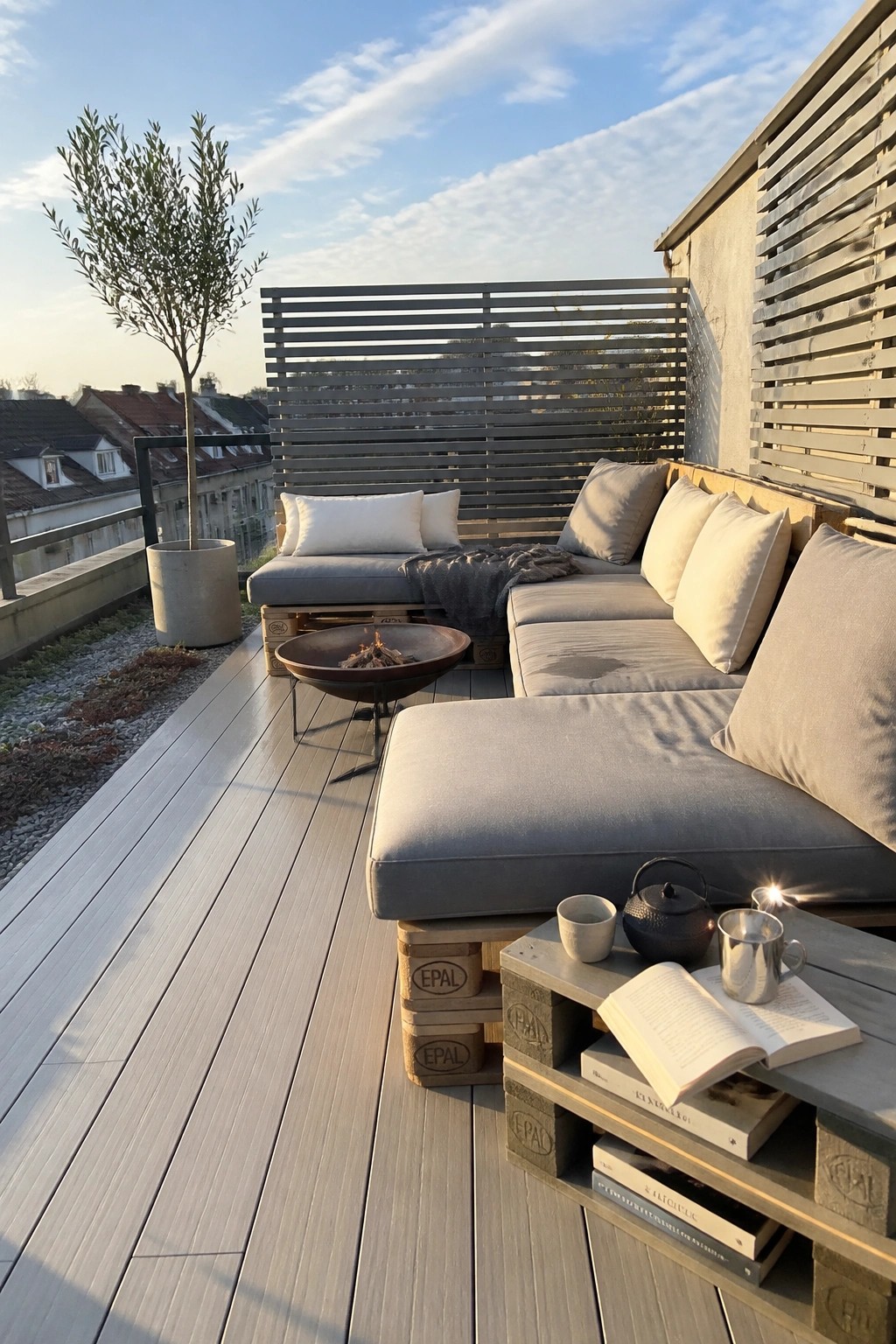Rooftop balcony with a large L-shaped sectional sofa built from stacked wooden pallets, gray cushions, a small fire pit, and a low pallet table holding books and mugs.