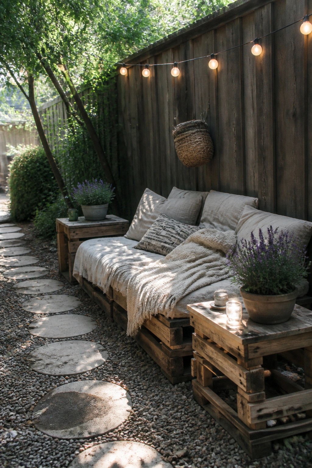 A pallet sofa with cushions and throws sits against a wooden fence on a gravel surface, next to a stone path and two small pallet tables with potted plants.