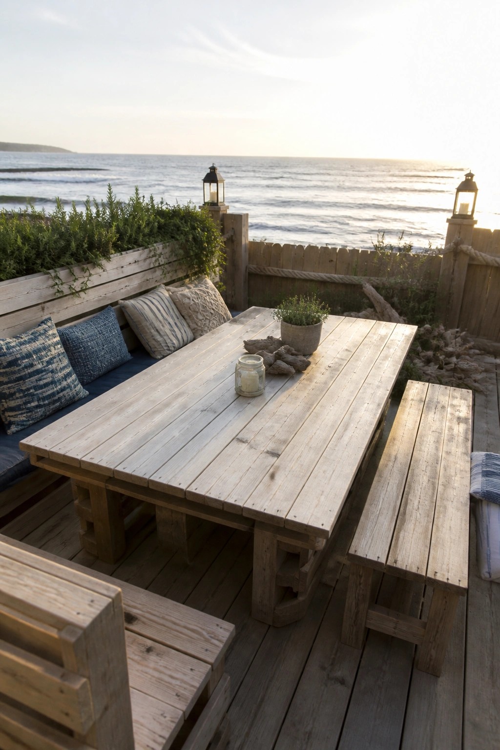 Rustic wooden picnic table and benches on oceanfront deck at sunset