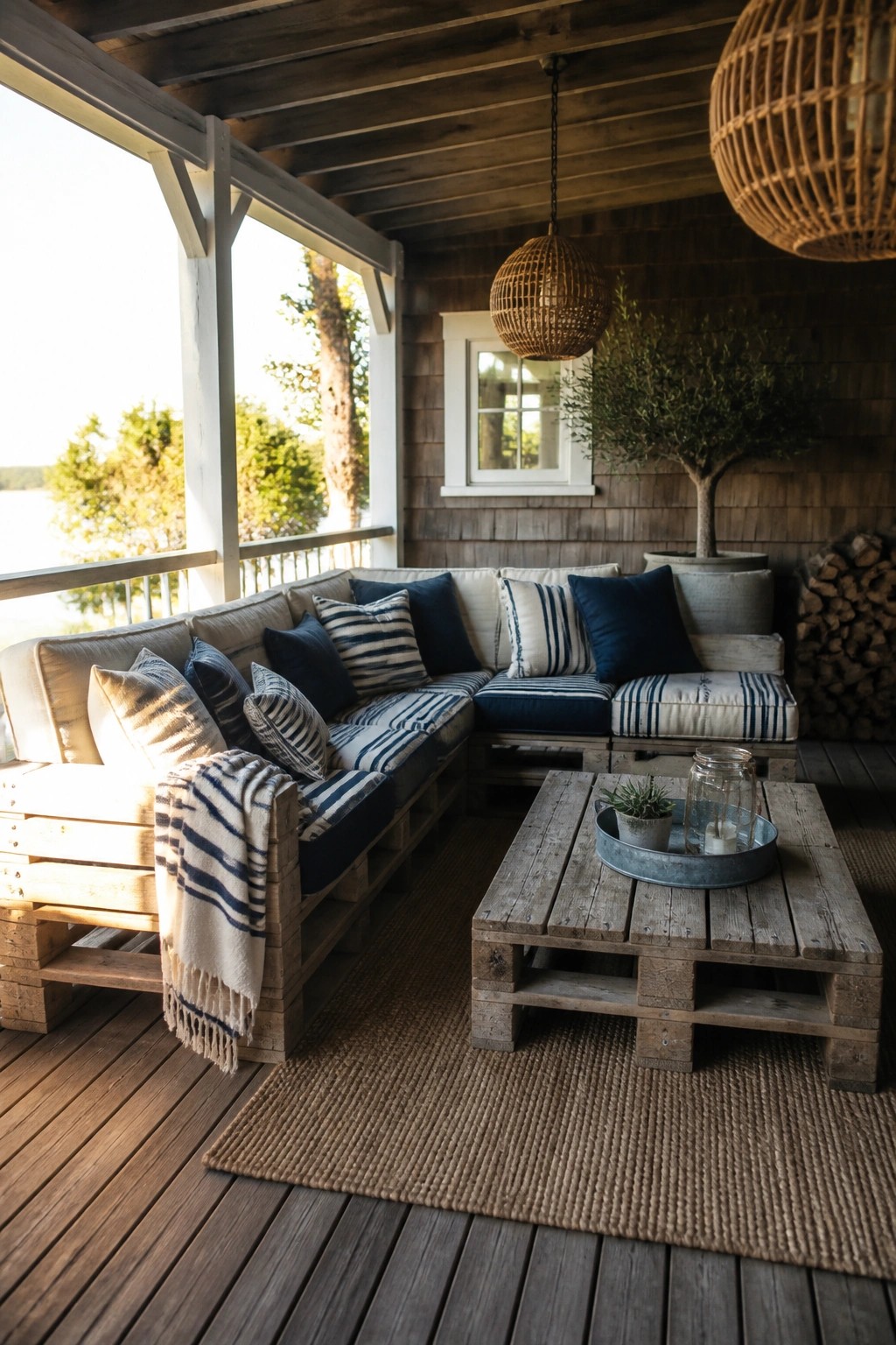 A wooden pallet L-shaped sectional sofa with blue and striped cushions sits on a covered porch next to a matching pallet coffee table.