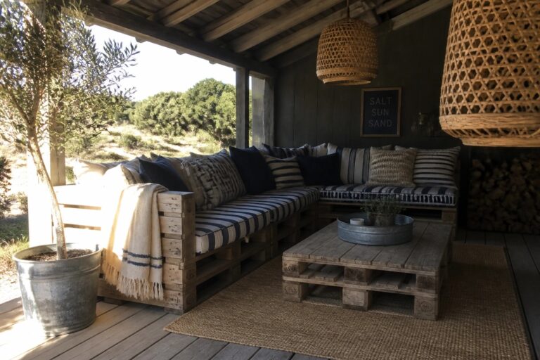 A wooden pallet L-shaped sectional sofa with blue and striped cushions sits on a covered porch next to a matching pallet coffee table.