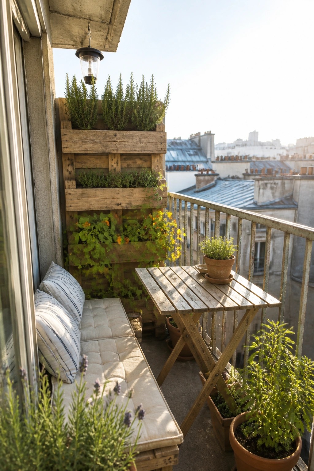 A wooden pallet structure mounted on a balcony wall and filled with rows of green herbs and flowering plants, next to a cushioned pallet bench and a small folding table.