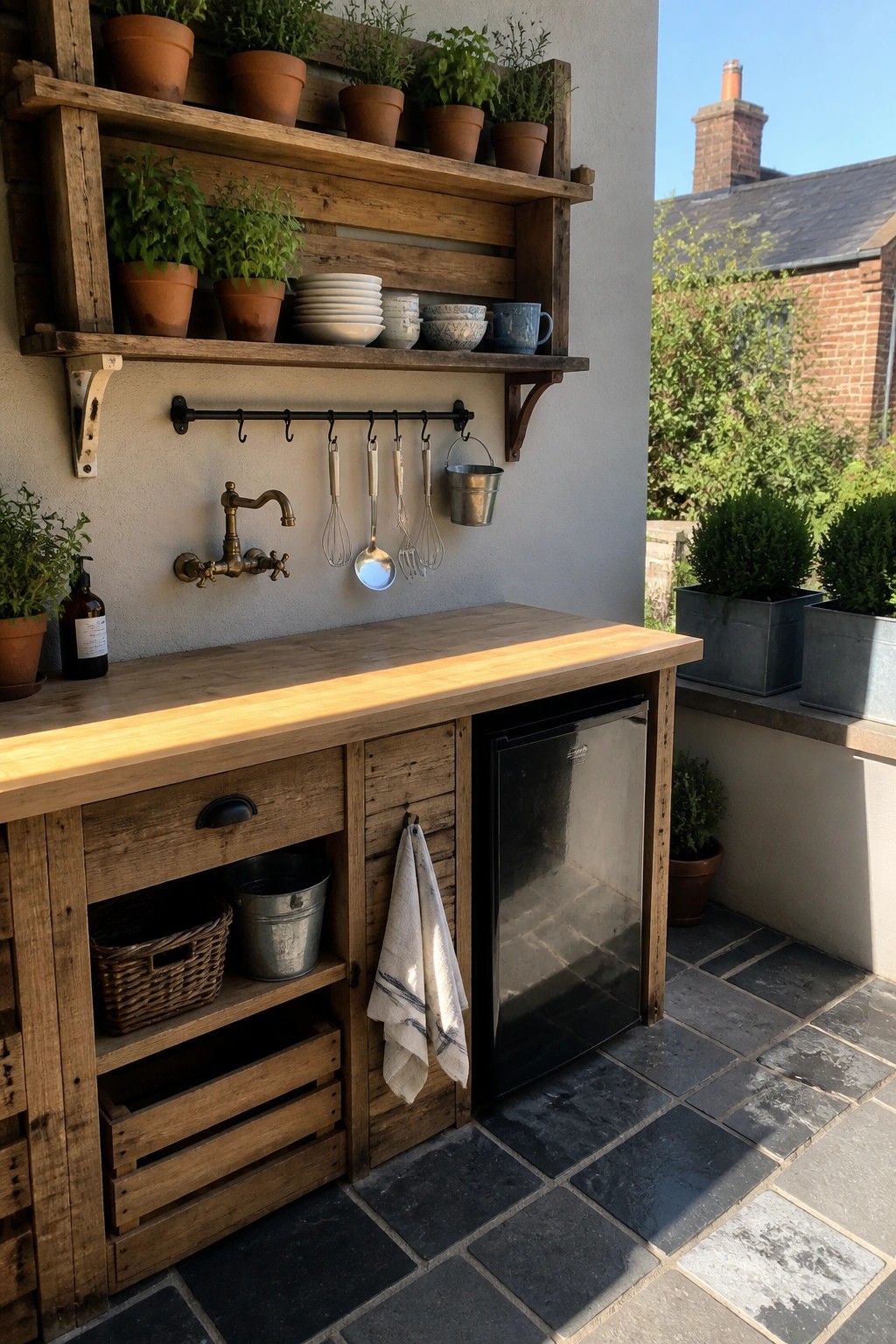 An outdoor wooden counter made from pallets sits against a wall with upper shelves holding potted plants and dishes, a wall faucet, hanging utensils, and a small refrigerator below.