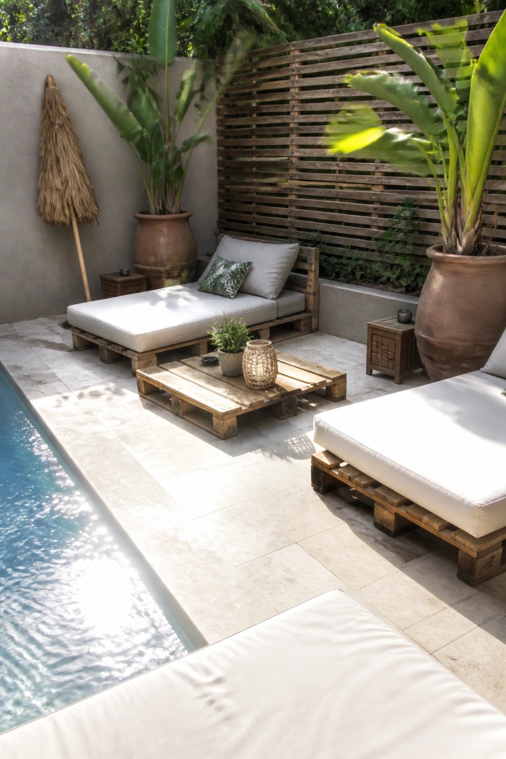 Outdoor pool deck with lounge seating and a low table made from wooden pallets, plus large potted plants and a slatted wood screen in the background.