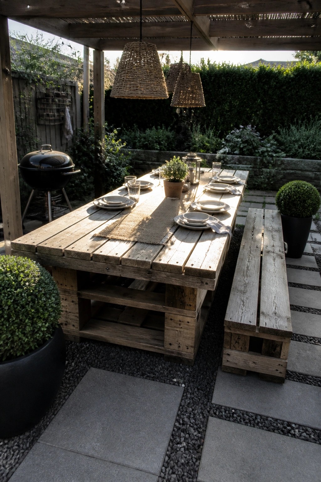 A long wooden pallet dining table with benches set outdoors under a pergola with hanging woven lights, plates, and potted plants nearby.