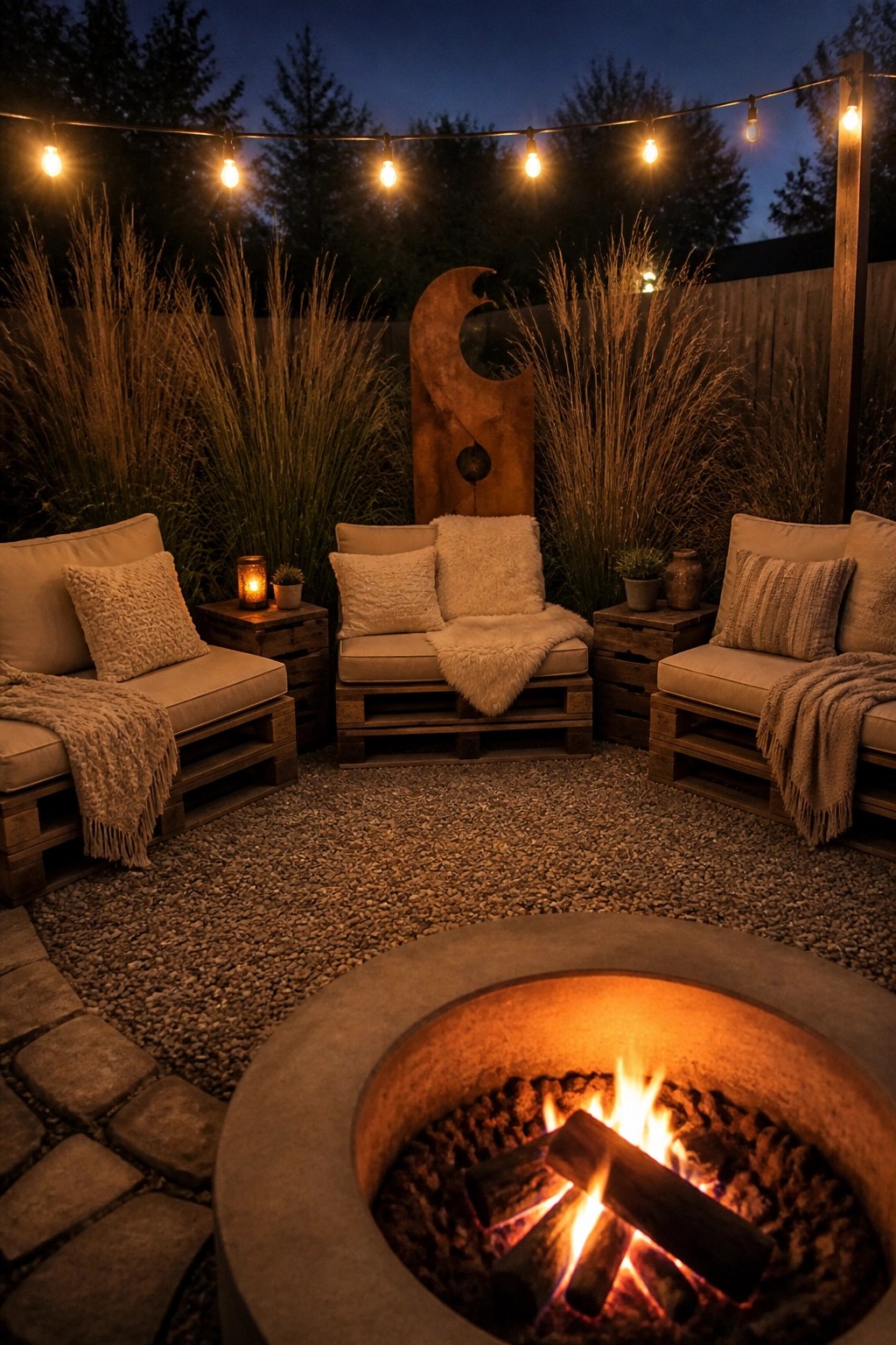 A gravel patio at dusk with three pallet sofas arranged around a lit concrete fire pit, string lights overhead, and tall grasses in the background.