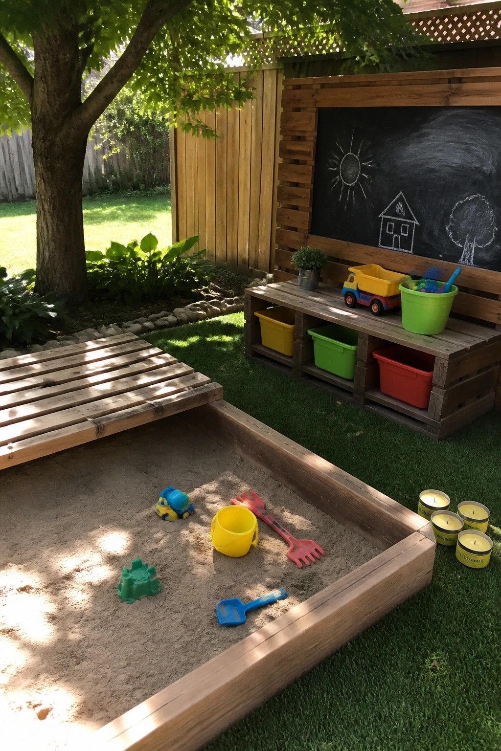 A wooden sandbox with scattered toys sits beside a low pallet bench holding colorful plastic bins, with a chalkboard mounted above it on a wooden fence.