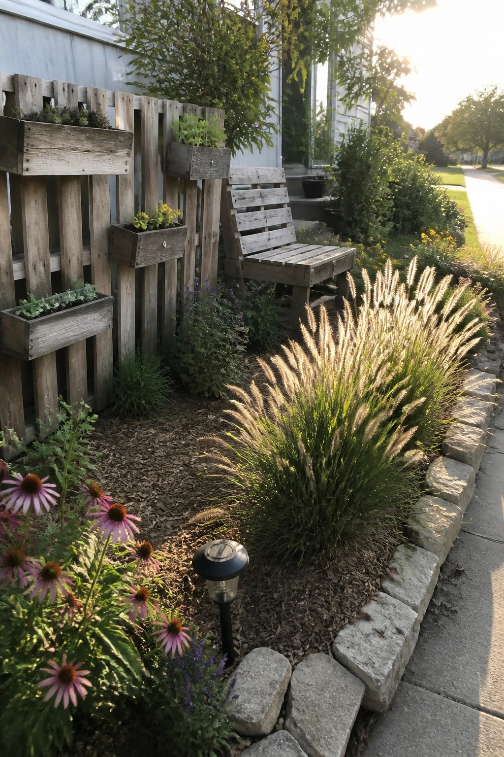 Wooden pallet planters and bench with tall grasses, coneflowers, and stone edging in garden.