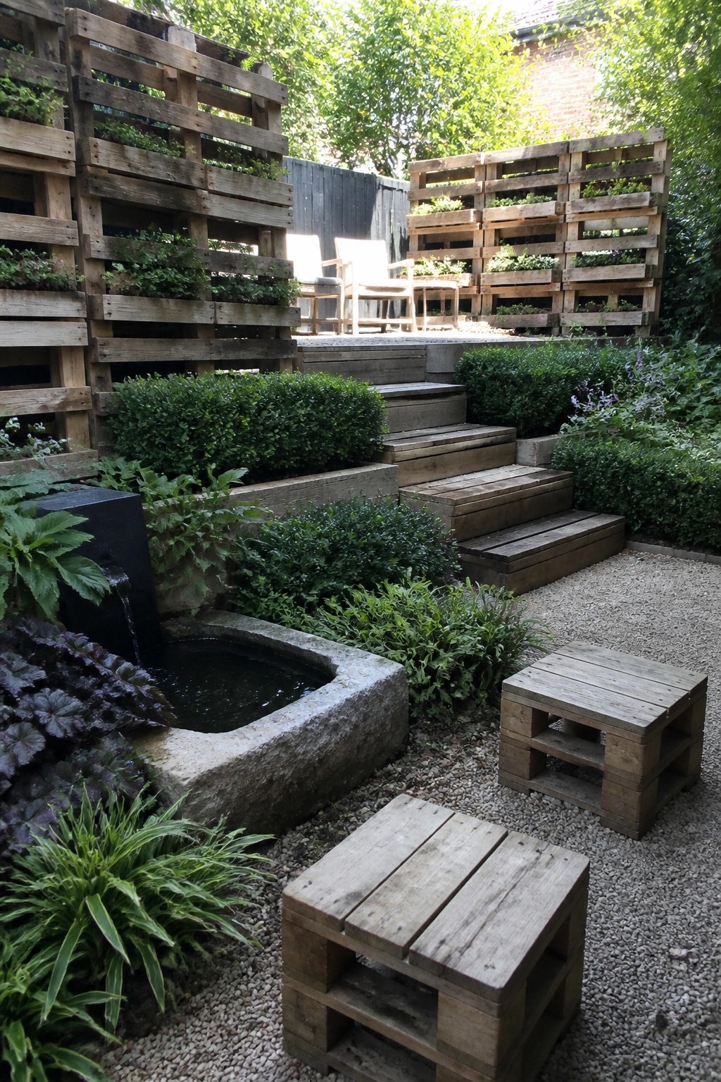 Garden with wooden pallet planters, stone fountain, gravel patio and stools