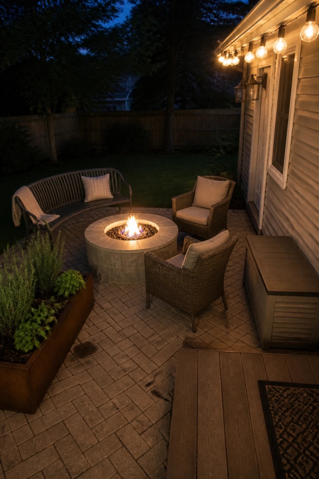 A backyard patio at dusk features a circular concrete fire pit on brick pavers, surrounded by wicker chairs, a curved bench, and string lights along the house.