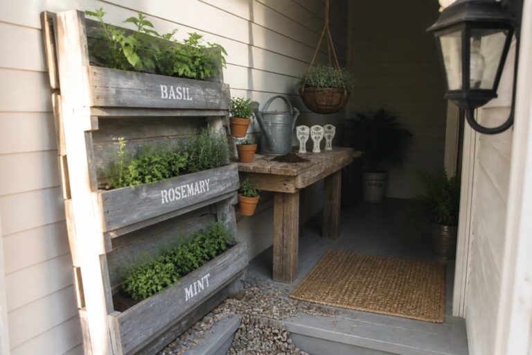 17 Raised Pallet Planter Ideas for Easier Standing-Height Gardening A multi-tiered wooden pallet planter holding various herbs on a porch, with stenciled labels on each level and a wooden shelf beside it.
