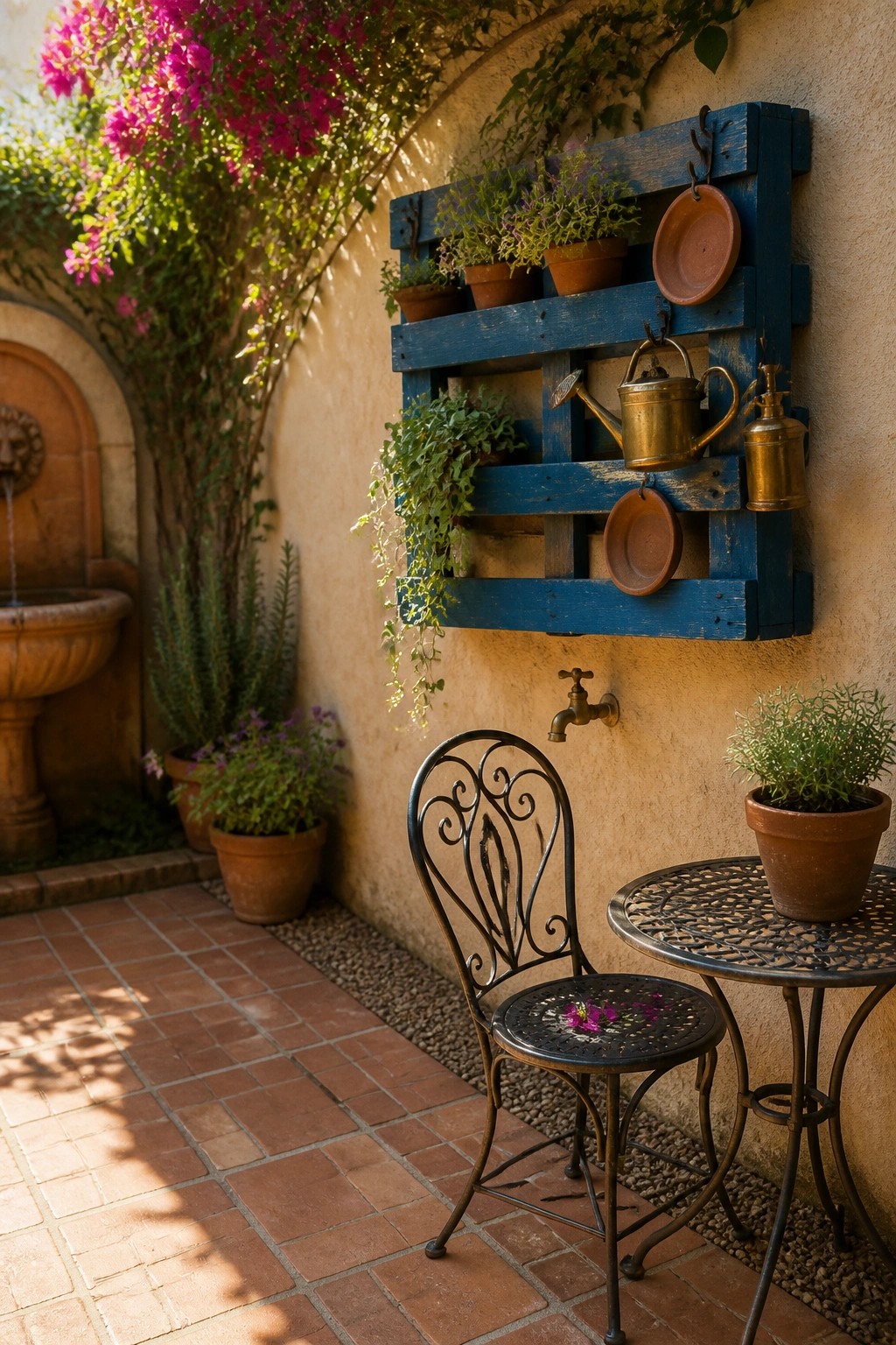 A blue wooden pallet is mounted on an outdoor stucco wall and holds several potted plants along with hanging metal watering cans.