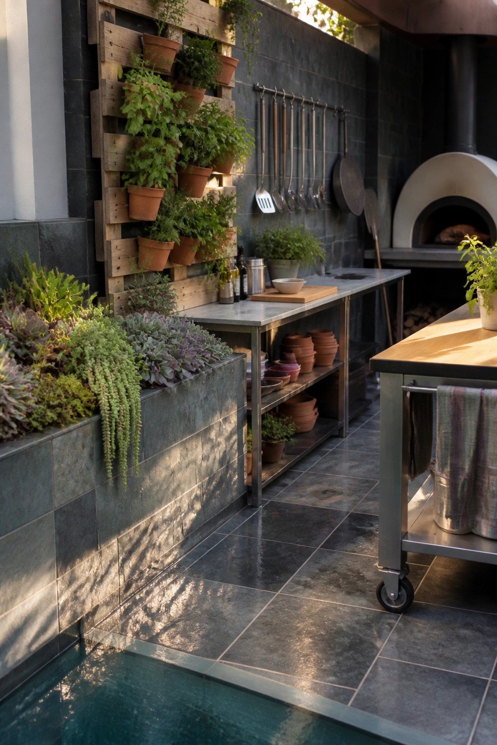 A wooden pallet mounted vertically on a dark tiled wall holds multiple terracotta pots with green plants beside a stainless steel table and outdoor oven.