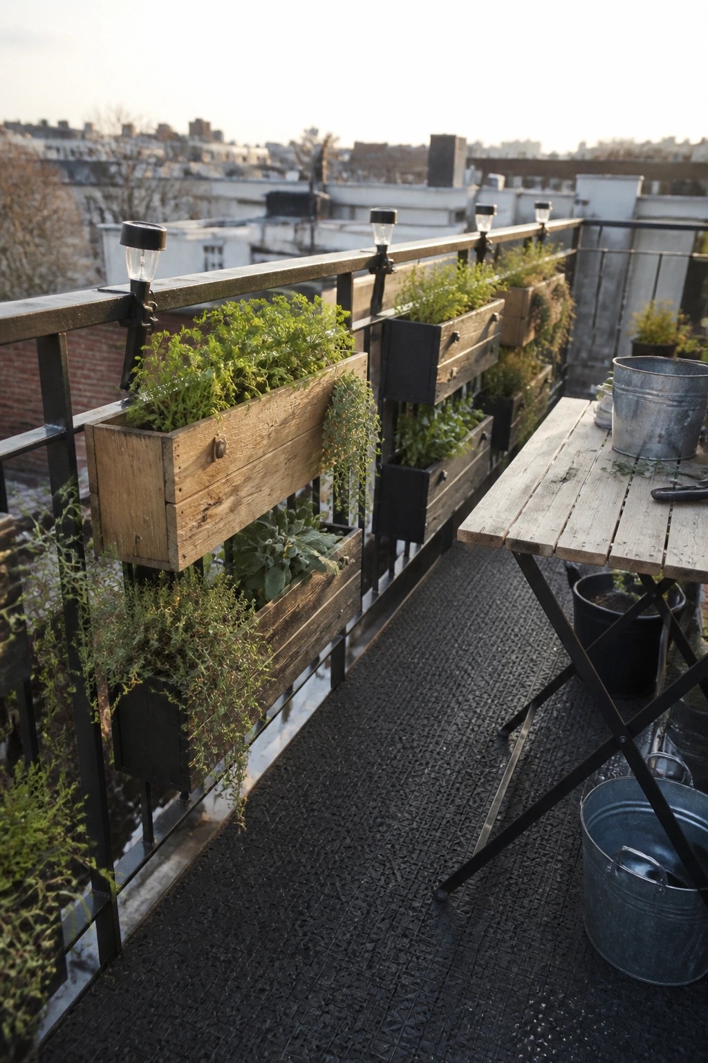 Wooden pallet planters filled with green plants attached to a metal balcony railing next to a small wooden table.