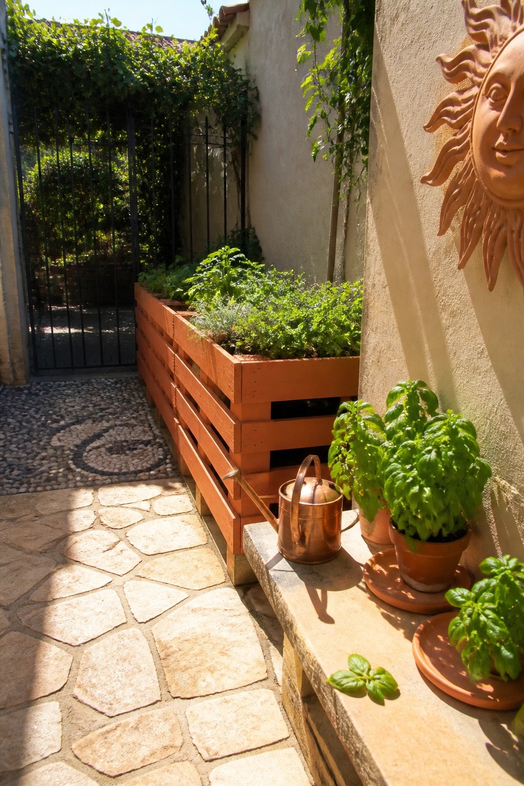 A long wooden pallet planter filled with green plants runs alongside a stone pathway in an outdoor garden, with potted basil nearby.