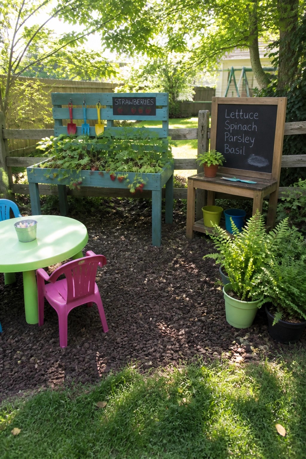 A backyard garden with a blue painted pallet raised bed full of strawberry plants, small colorful chairs and table nearby, and a chalkboard sign listing herbs on a wooden bench.