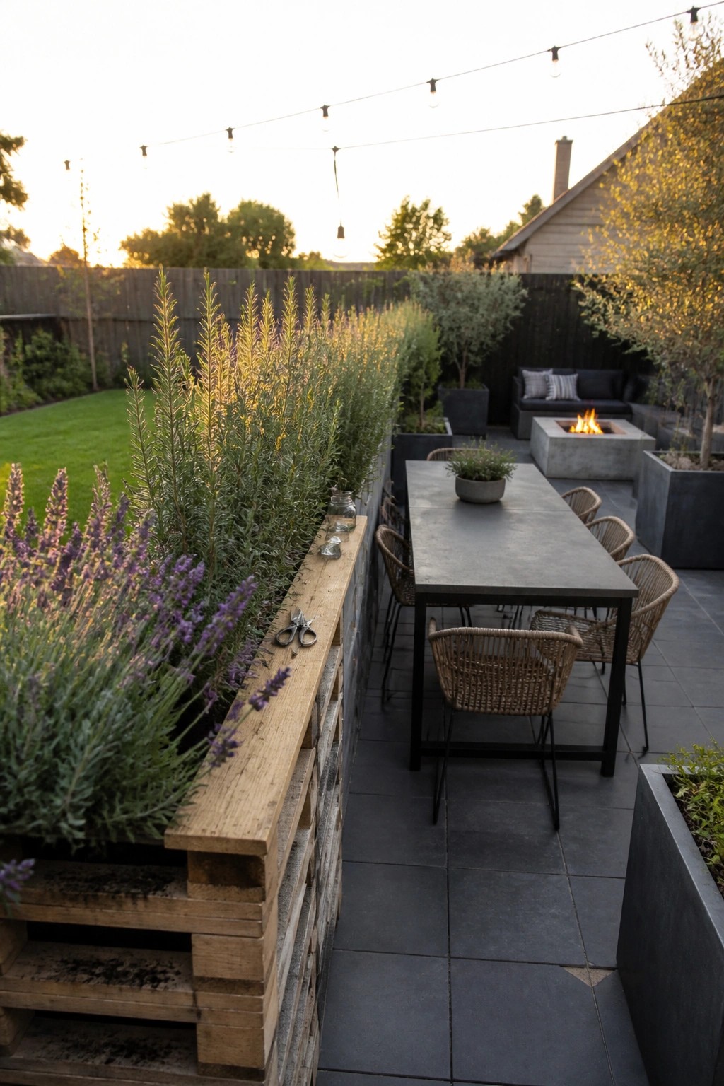 A long wooden pallet planter filled with lavender sits beside a concrete outdoor dining table with woven chairs on a stone patio.