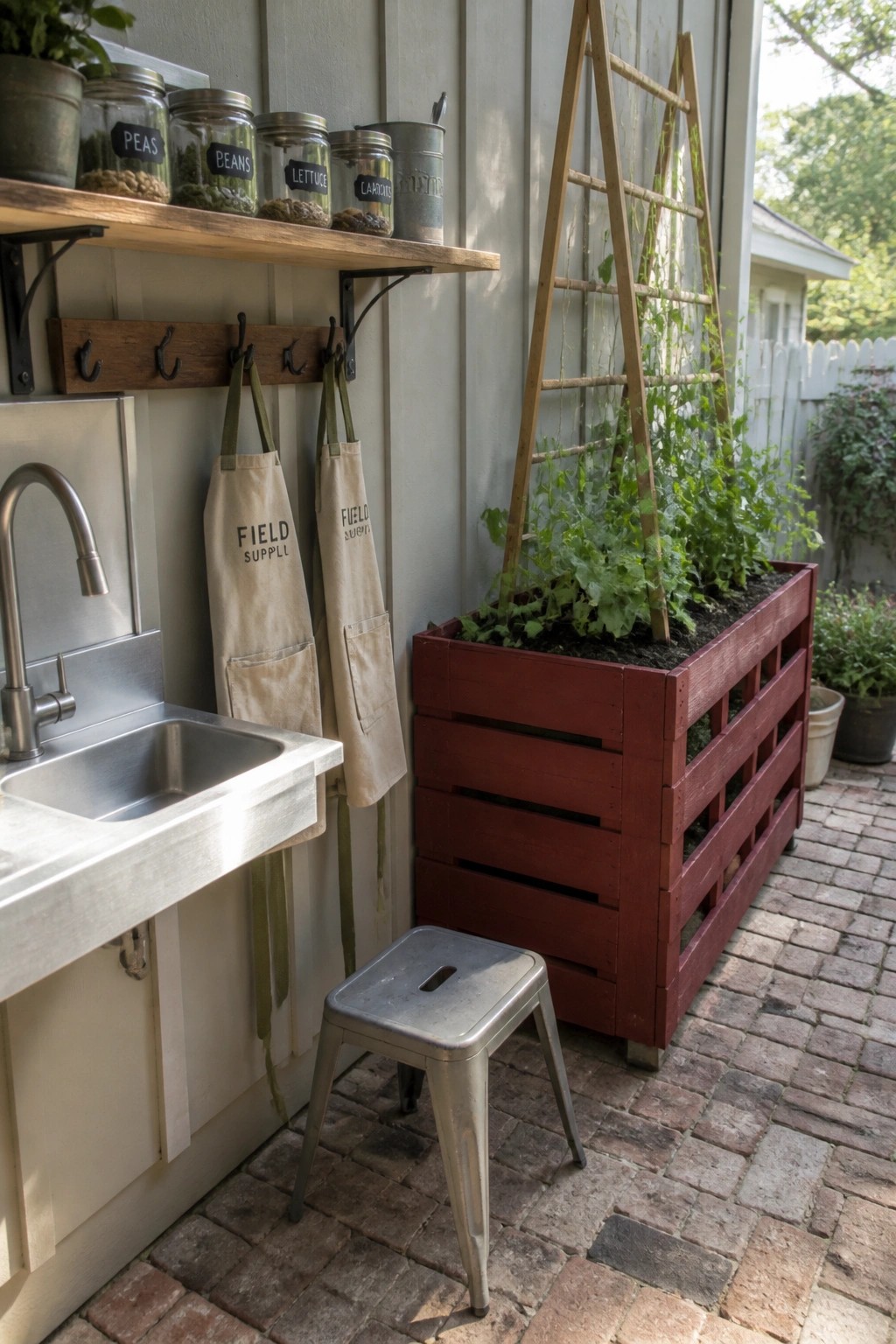 A red wooden raised planter box built from pallets sits on a brick patio beside a metal sink, with two aprons hanging on hooks and a wooden trellis supporting climbing plants.