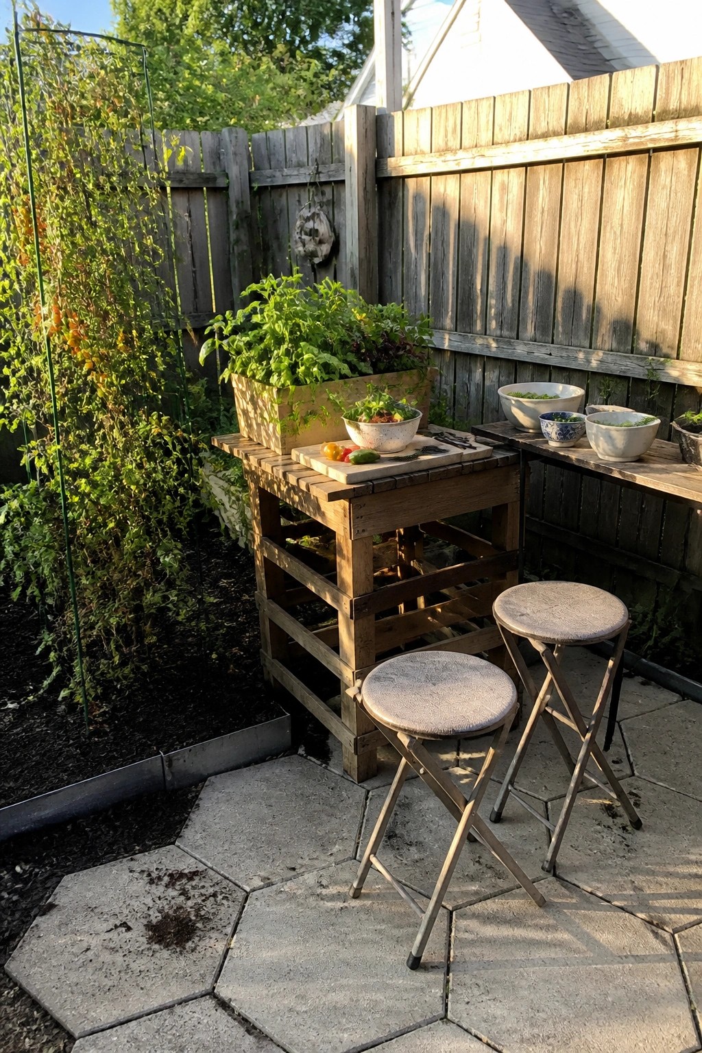 A wooden pallet planter box filled with leafy greens sits on a stone patio next to a garden bed, with two stools and bowls nearby.