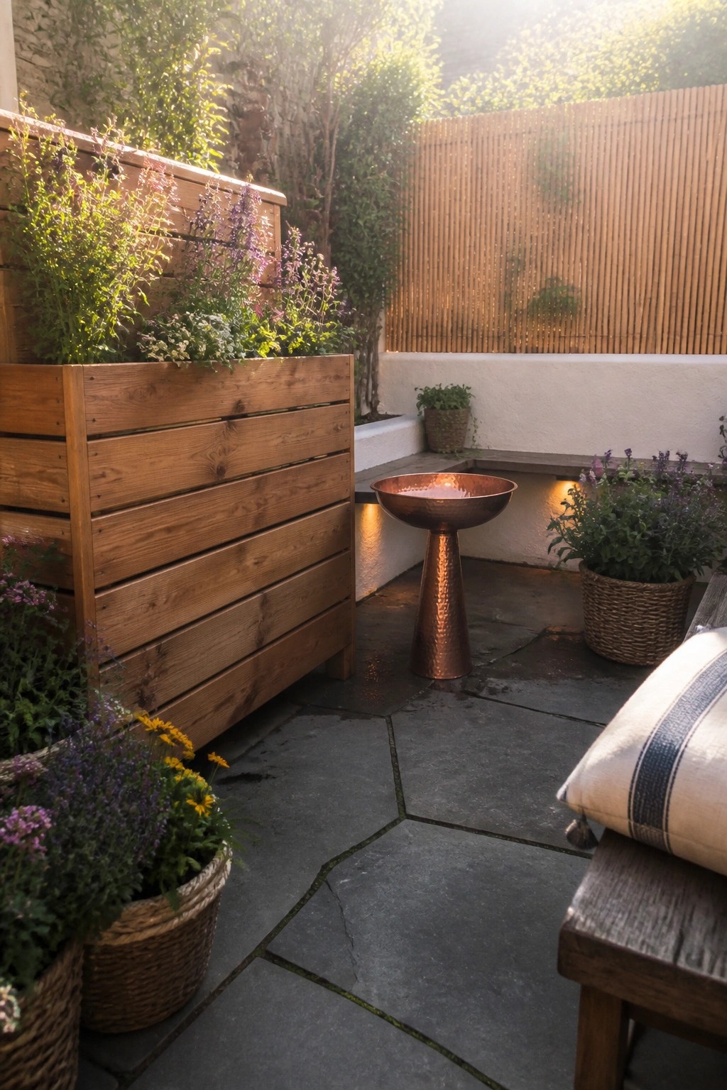 Wooden raised planters filled with flowering plants stand on a stone patio next to a copper pedestal bowl.