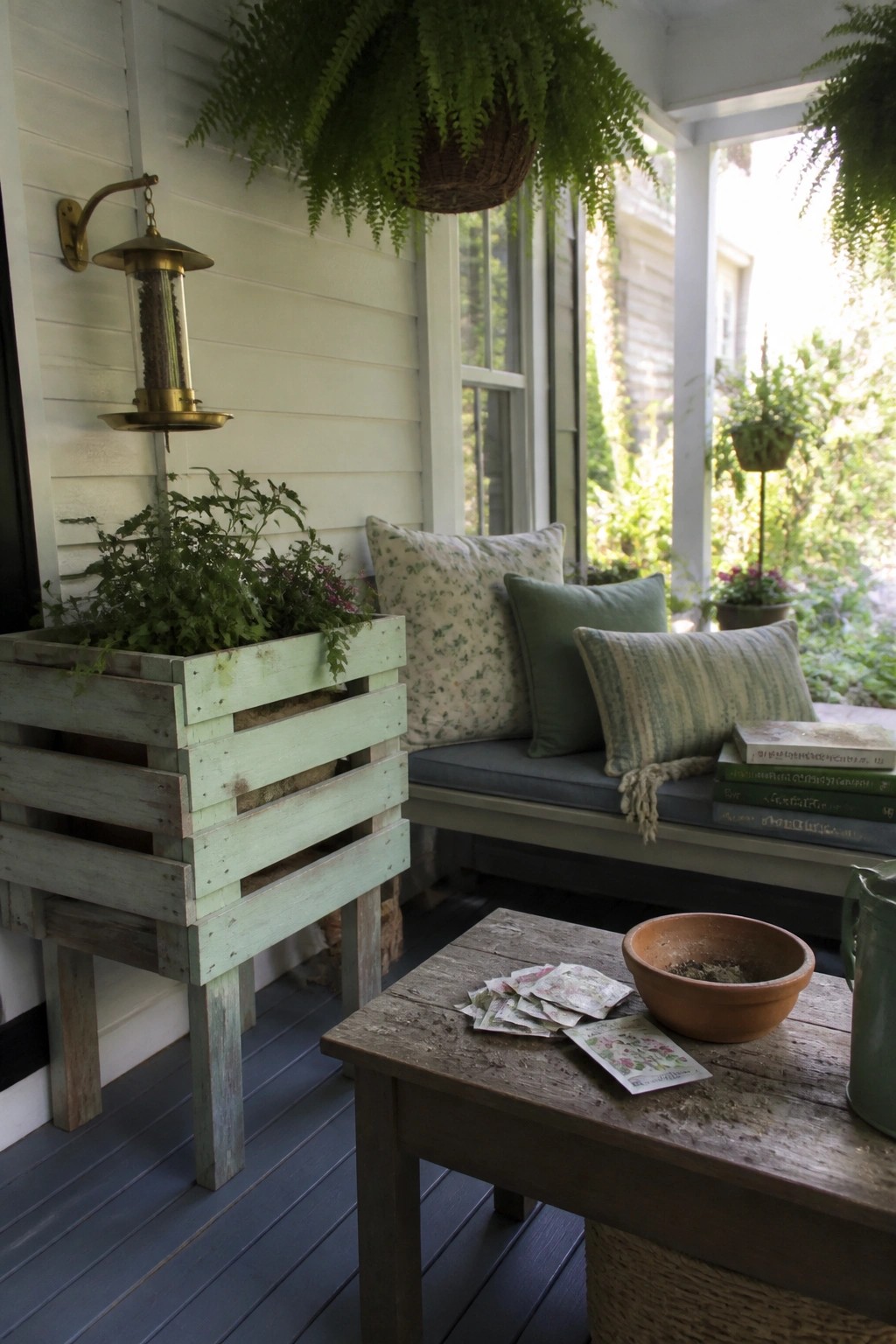 Rustic porch with green crate planter, hanging ferns, cushioned bench, and seed packets on table.