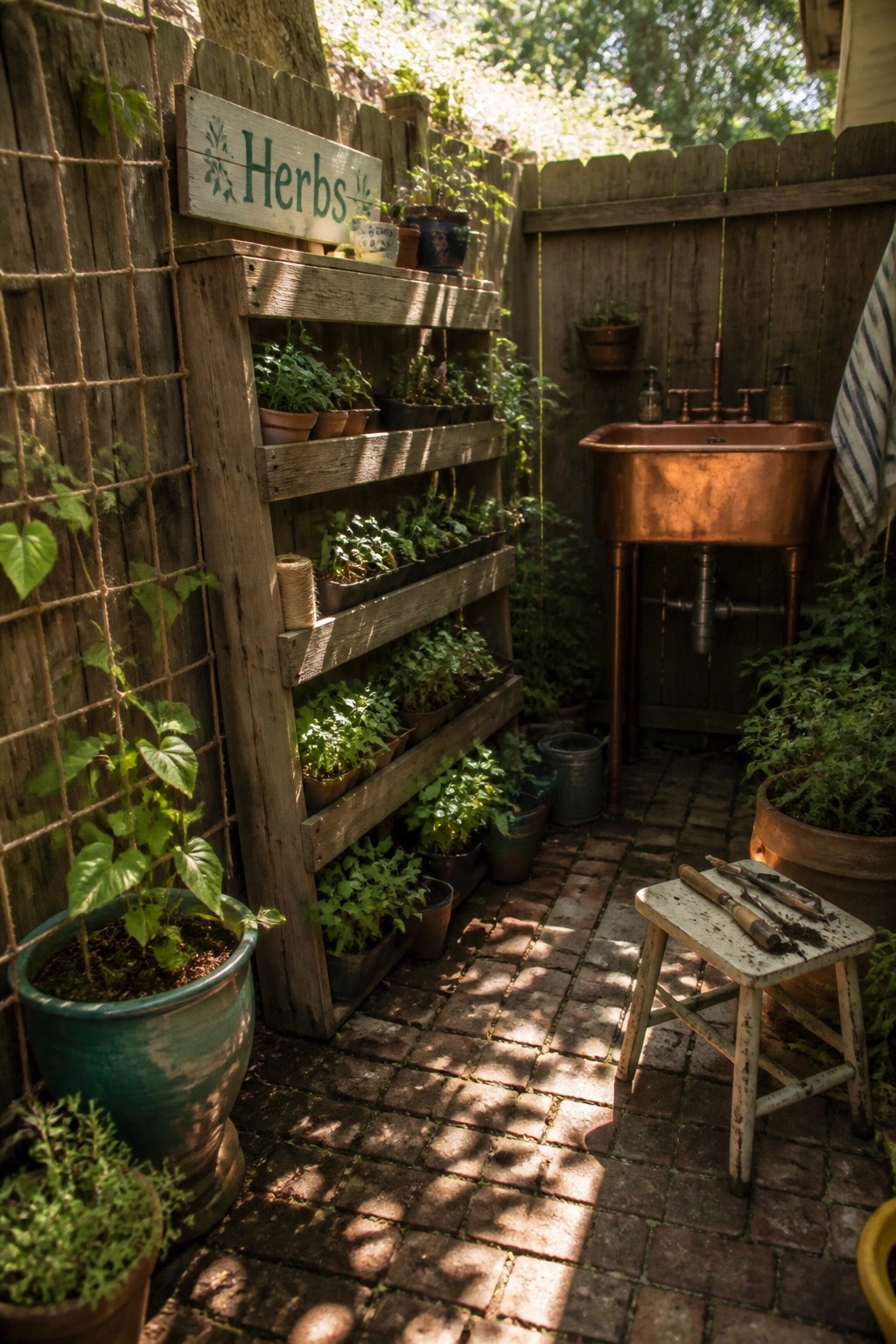 Wooden vertical herb planter beside copper sink on sunny brick patio with stool.