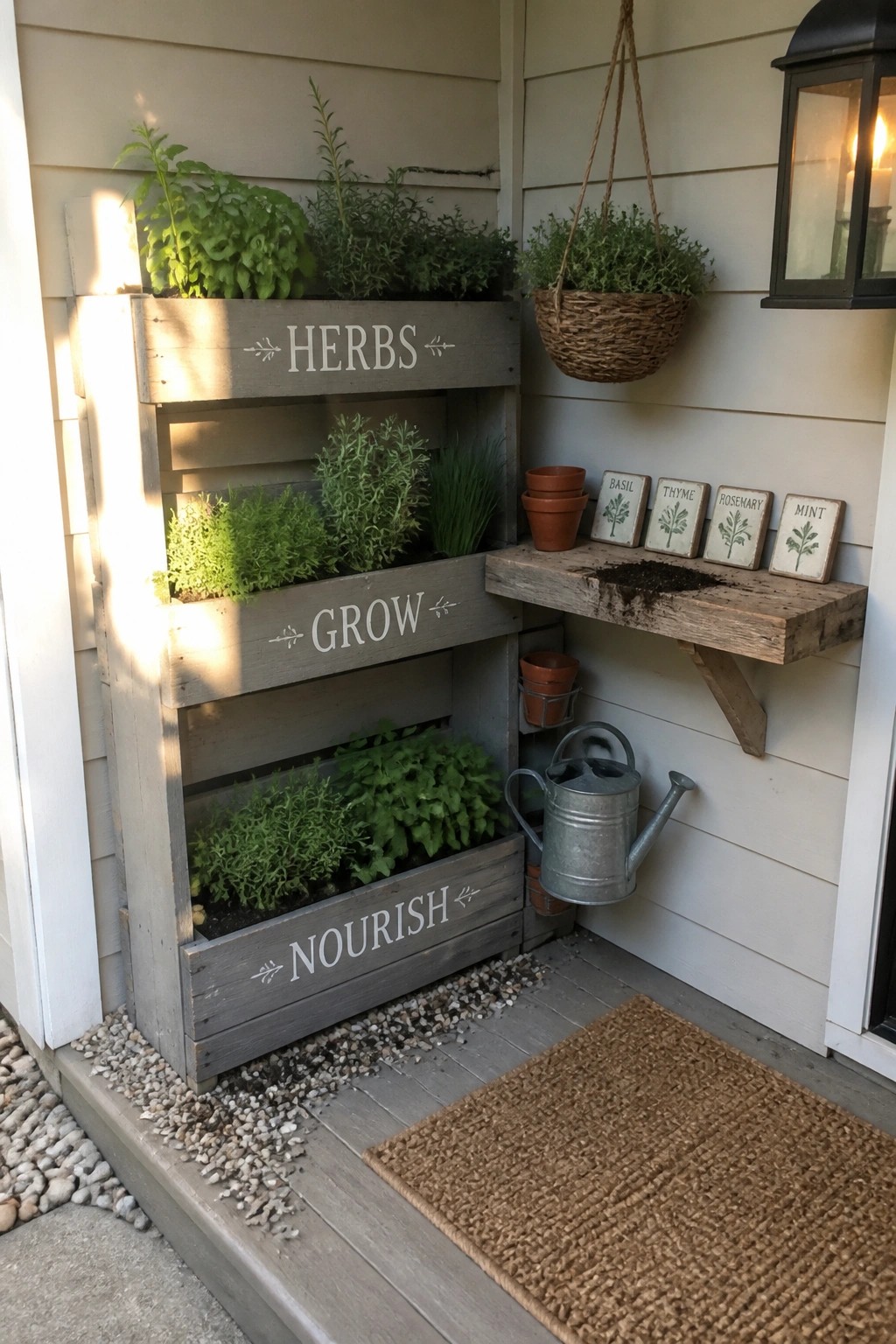 A multi-tiered wooden pallet planter holding various herbs on a porch, with stenciled labels on each level and a wooden shelf beside it.