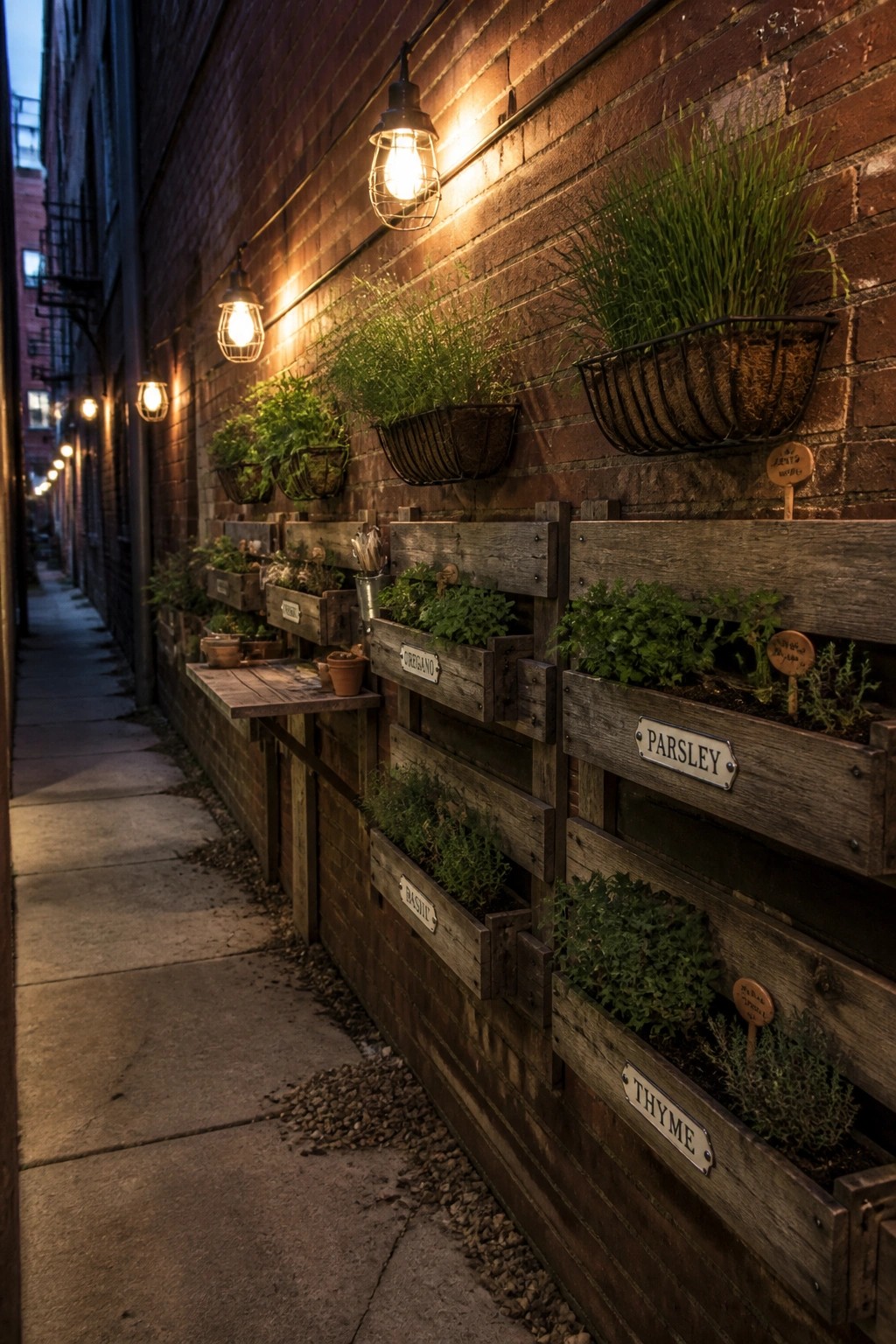 Rustic wooden herb planters and baskets line illuminated brick alley wall
