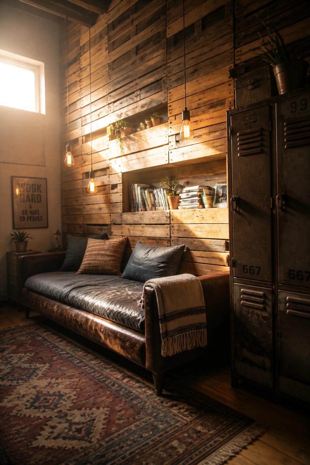 Rustic room with leather sofa, wooden pallet wall, hanging lights, metal lockers, and rug