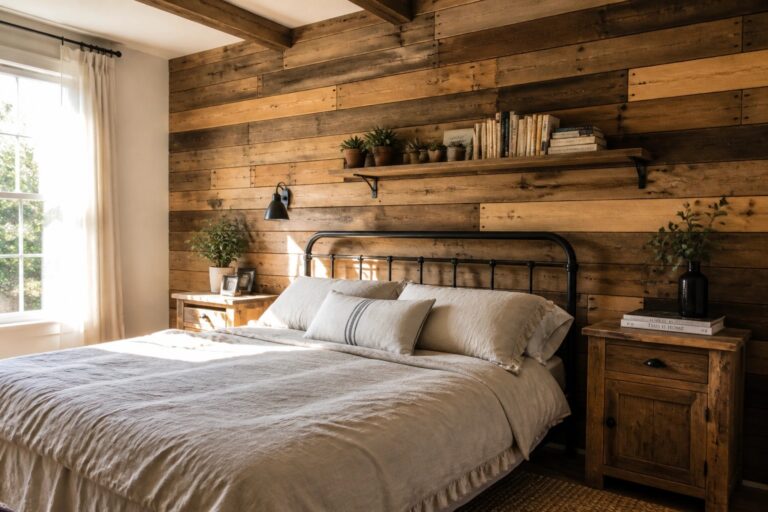 A bedroom featuring a bed with white linens positioned against a horizontal reclaimed wood plank accent wall, with wooden nightstands and black sconces on either side.