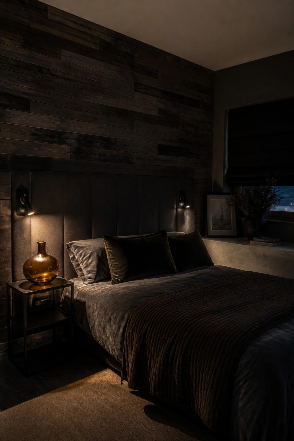 Dark bedroom with large bed, velvet bedding, glowing sconces, and wooden wall.