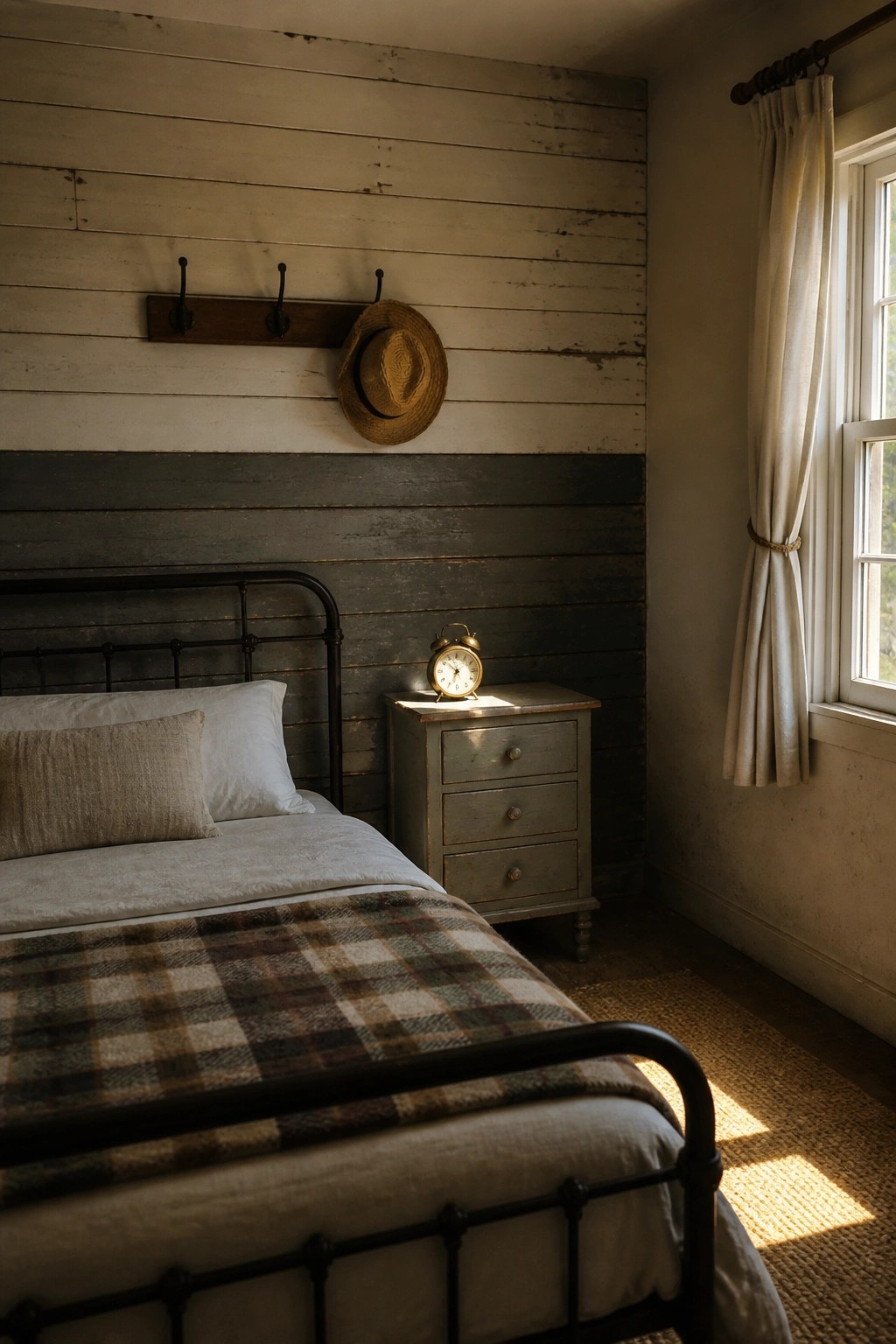 A bedroom with a horizontal wood plank accent wall in white and dark gray tones behind a metal bed frame and a small gray nightstand.