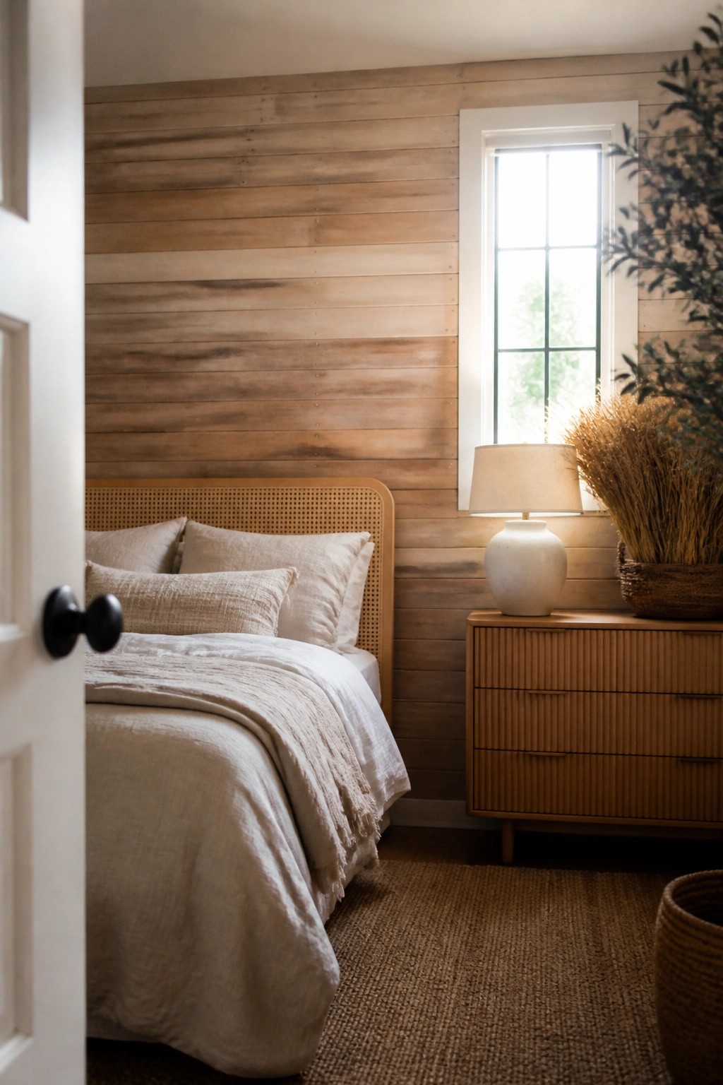 Cozy bedroom with cane headboard, white linens, wooden dresser, and woven rug