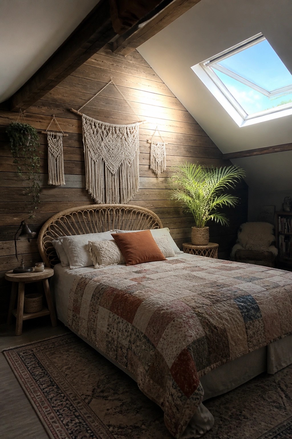 A bedroom featuring a bed with patchwork quilt against a wall of horizontal wooden planks, with macrame hangings and a skylight on the slanted ceiling.