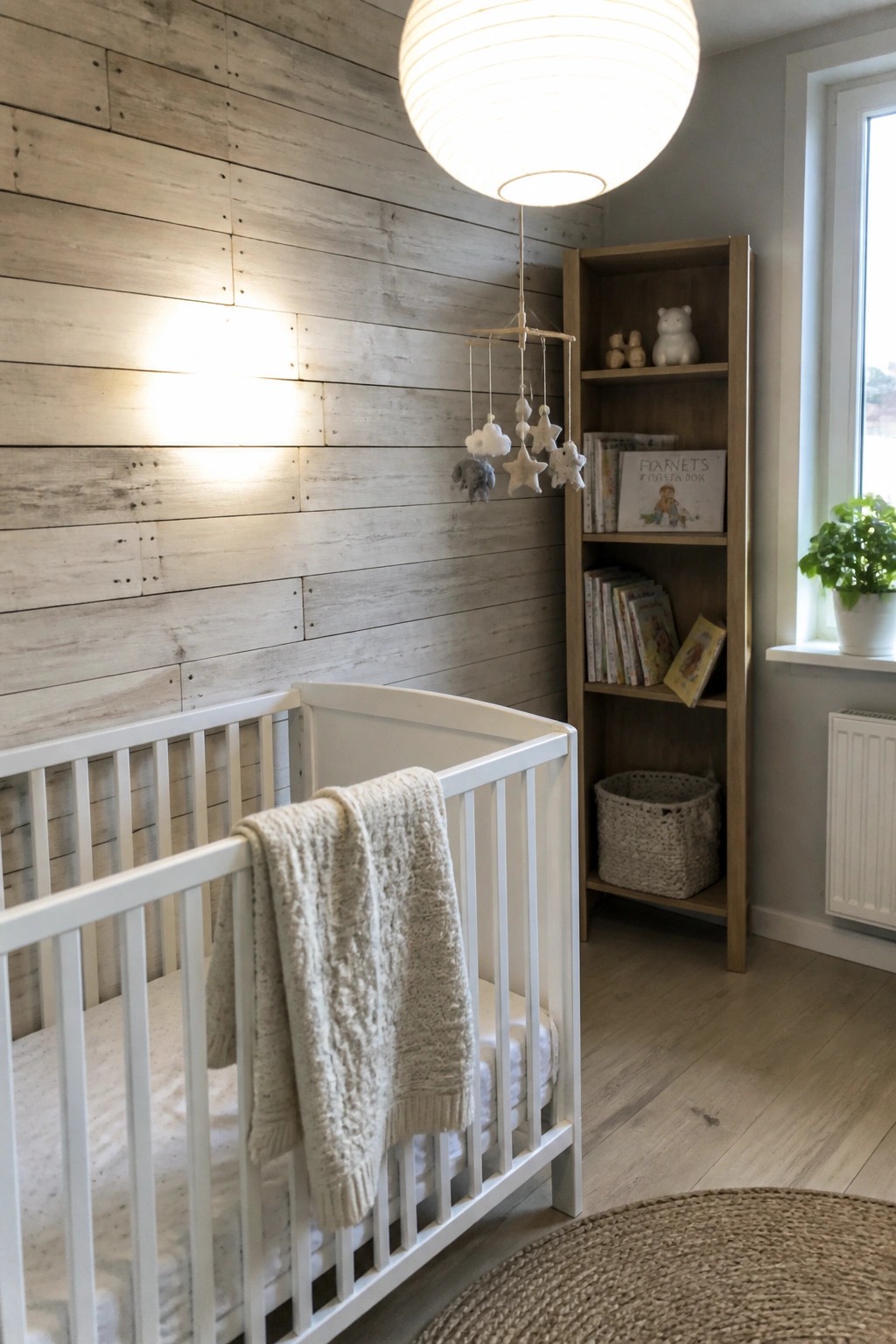 A white crib with a knitted blanket stands in front of a light gray wooden plank wall, next to a tall wooden bookshelf holding books and toys.
