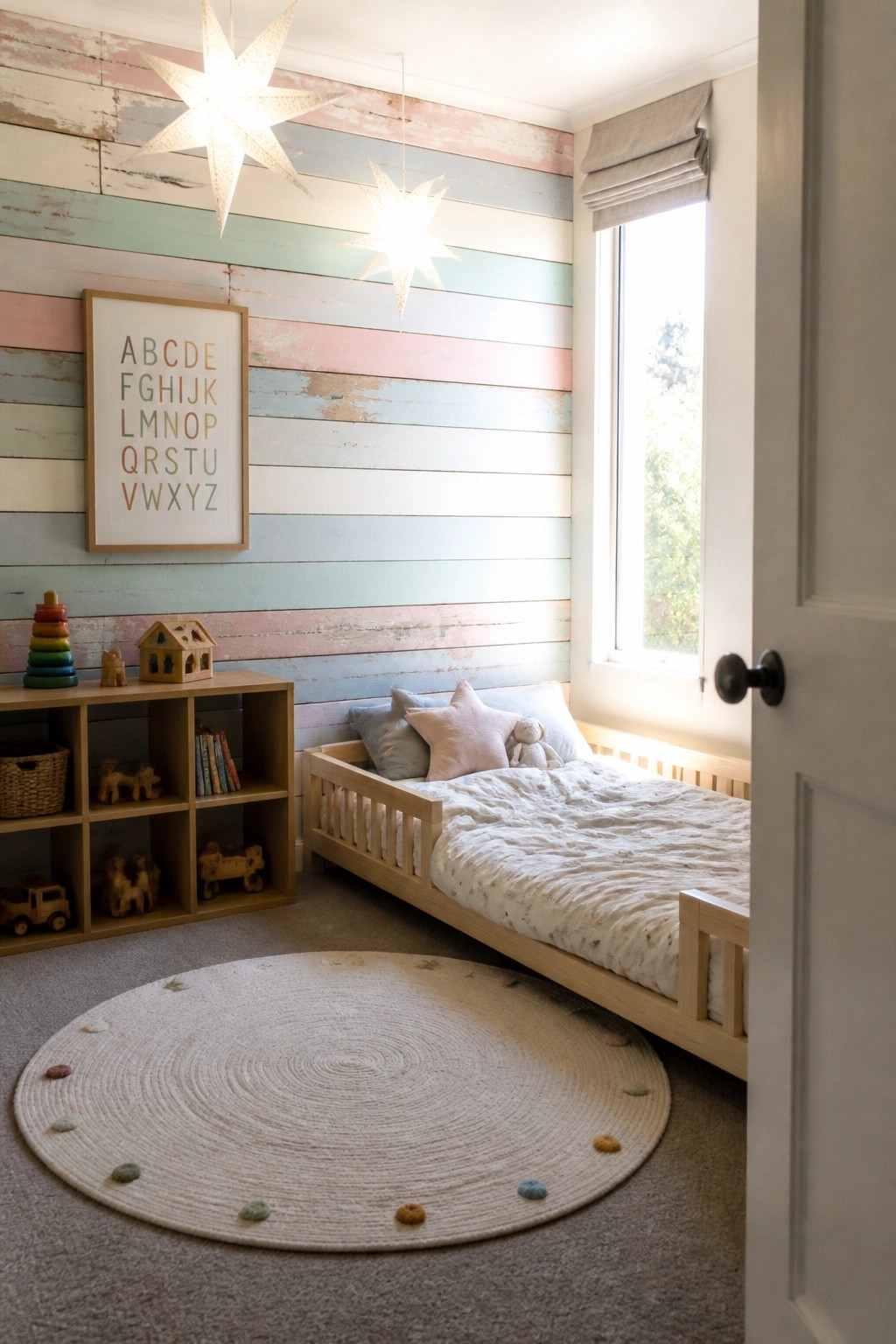 A child's bedroom with a horizontal pallet wood feature wall painted in soft pastel stripes, a low wooden bed, and a round woven rug on carpet.