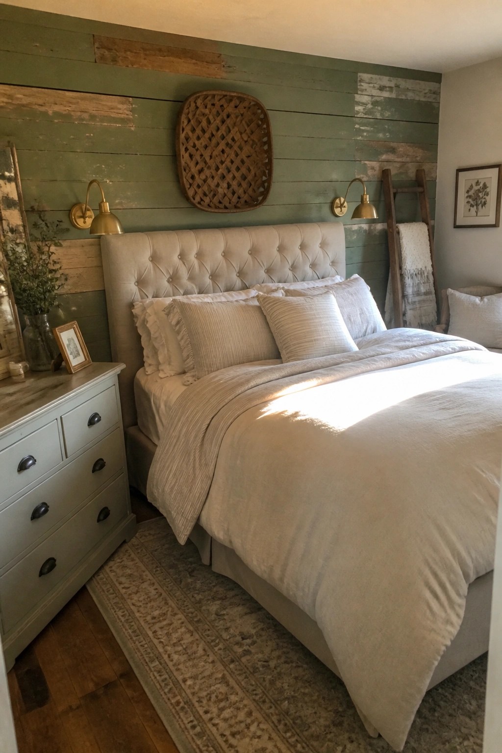 A bedroom featuring a light green painted pallet wood wall behind a tufted bed with white bedding and brass wall sconces.